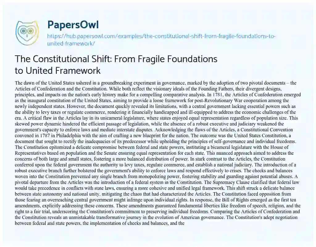 Essay on The Constitutional Shift: From Fragile Foundations to United Framework