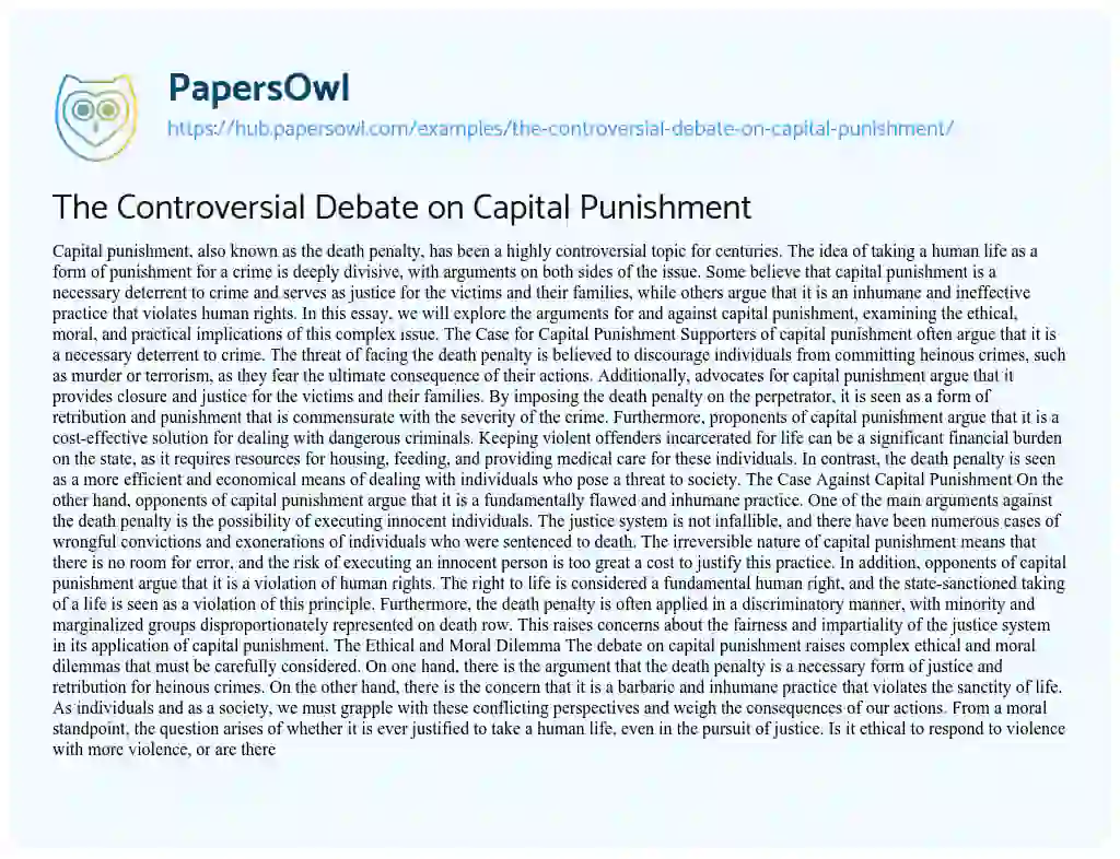 Essay on The Controversial Debate on Capital Punishment