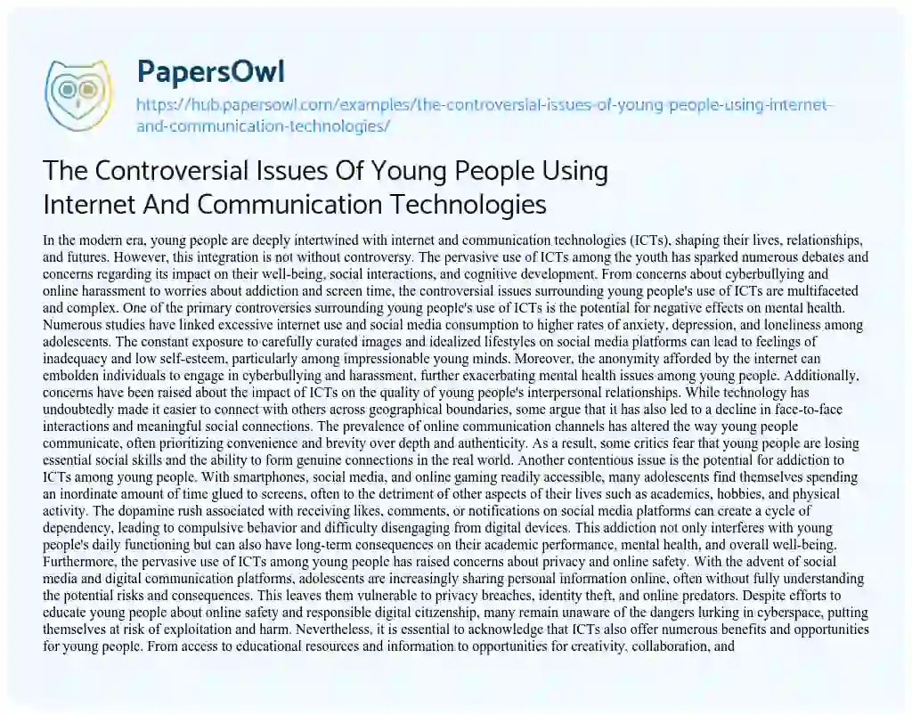Essay on The Controversial Issues Of Young People Using Internet And Communication Technologies