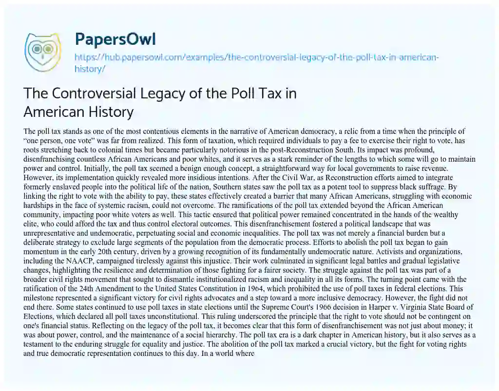 Essay on The Controversial Legacy of the Poll Tax in American History