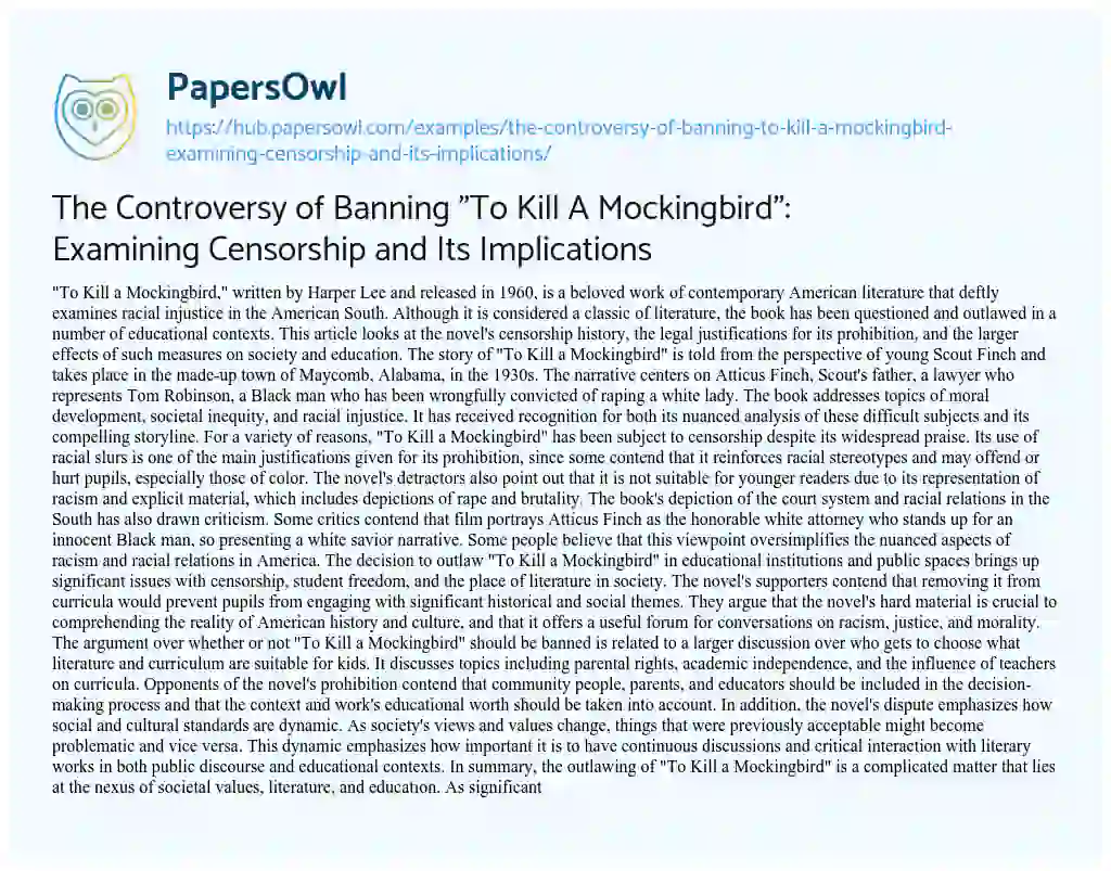 Essay on The Controversy of Banning “To Kill A Mockingbird”: Examining Censorship and Its Implications