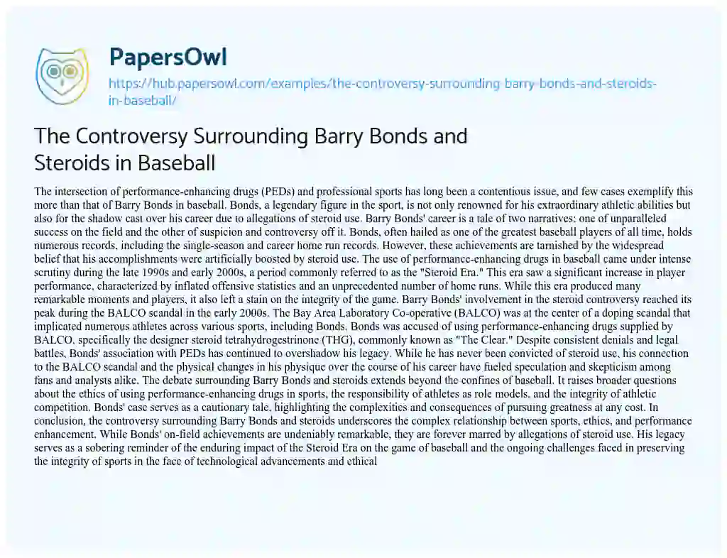 Essay on The Controversy Surrounding Barry Bonds and Steroids in Baseball