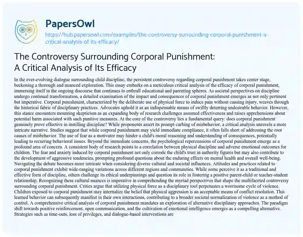 Essay on The Controversy Surrounding Corporal Punishment: A Critical Analysis of Its Efficacy