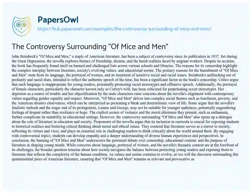 Essay on The Controversy Surrounding “Of Mice and Men”