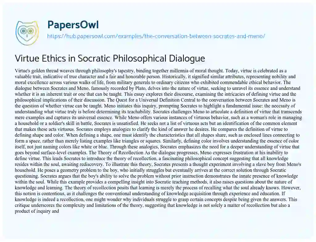 Essay on Virtue Ethics in Socratic Philosophical Dialogue