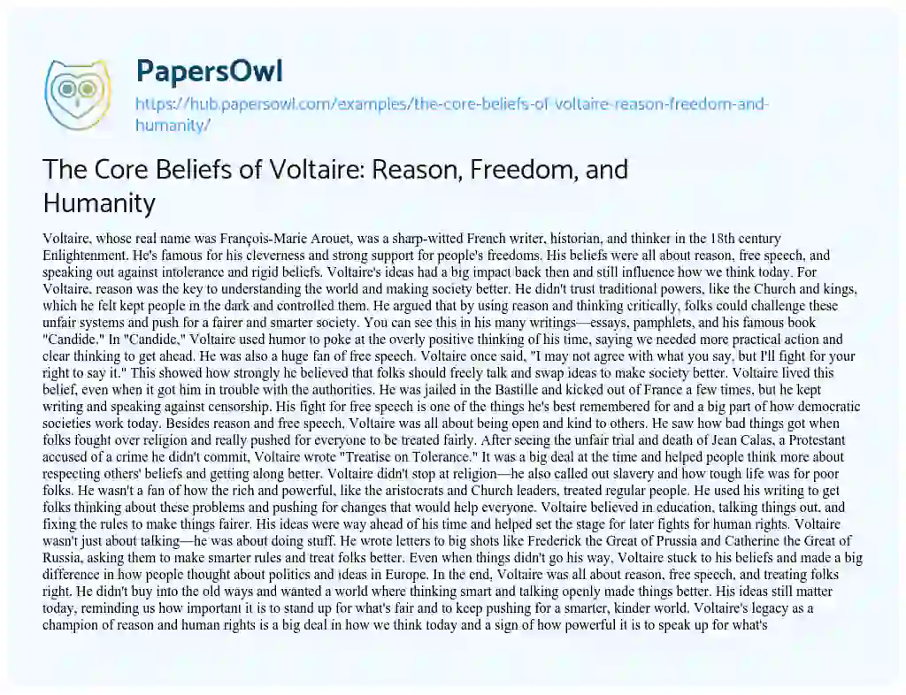 Essay on The Core Beliefs of Voltaire: Reason, Freedom, and Humanity