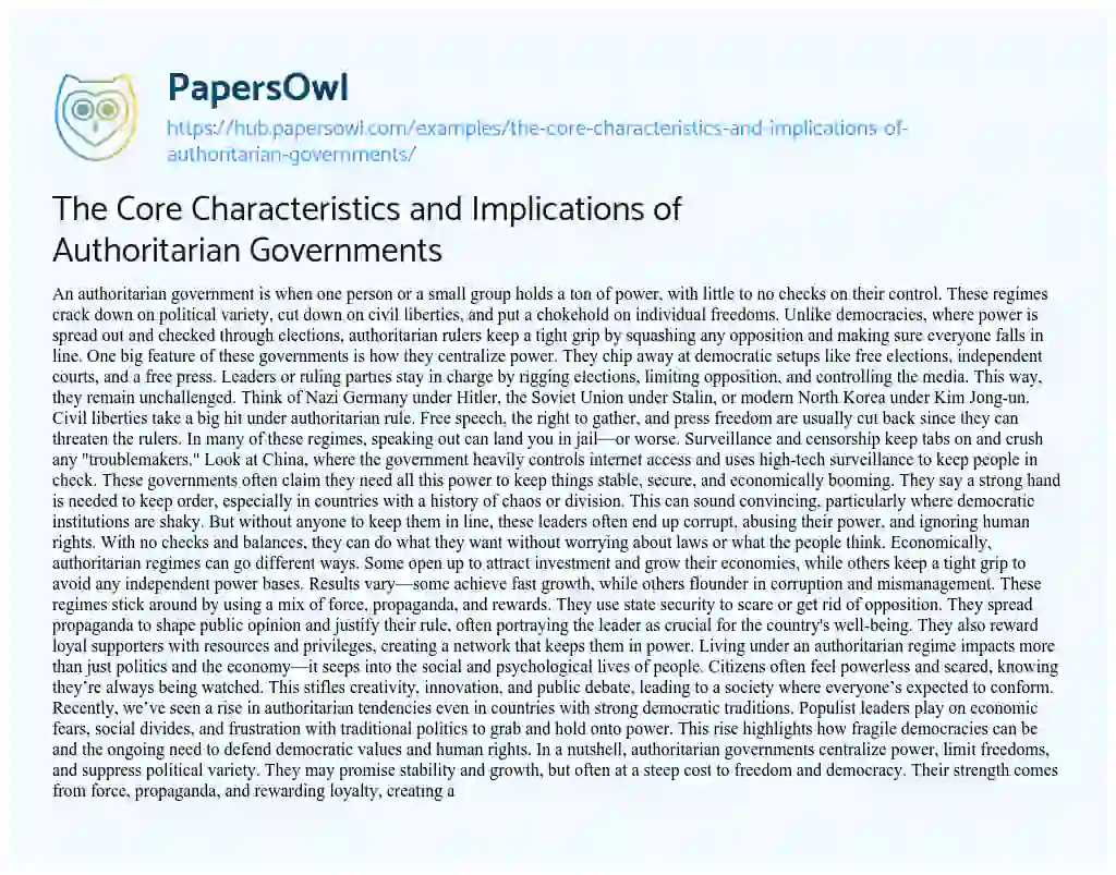 Essay on The Core Characteristics and Implications of Authoritarian Governments