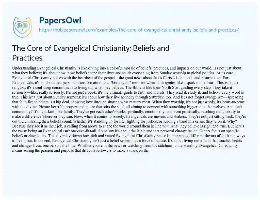 Essay on The Core of Evangelical Christianity: Beliefs and Practices