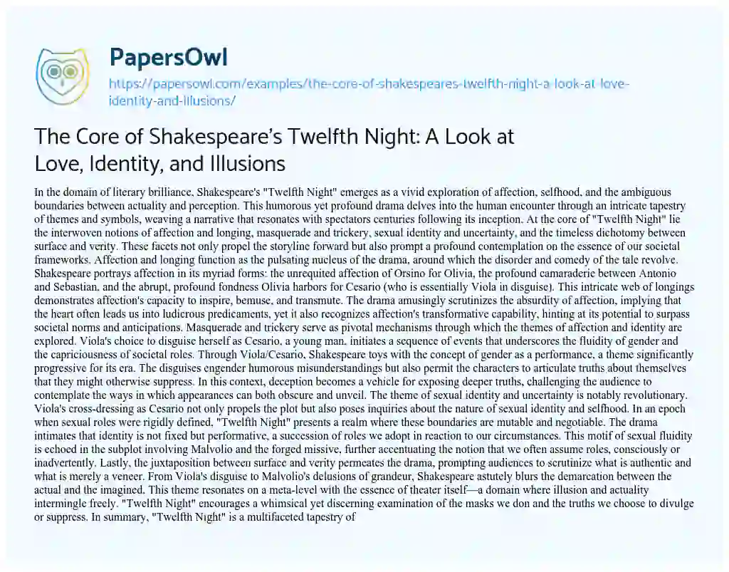 Essay on The Core of Shakespeare’s Twelfth Night: A Look at Love, Identity, and Illusions