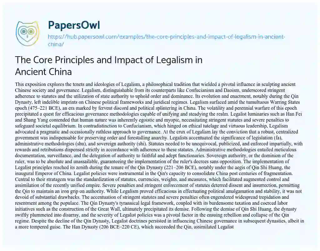 Essay on The Core Principles and Impact of Legalism in Ancient China
