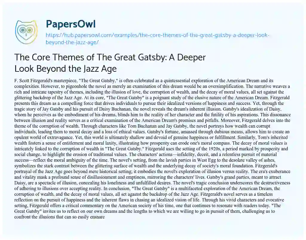 Essay on The Core Themes of The Great Gatsby: A Deeper Look Beyond the Jazz Age