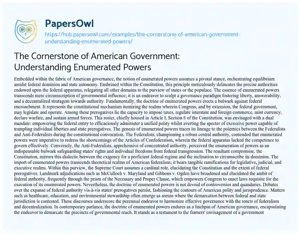 Essay on The Cornerstone of American Government: Understanding Enumerated Powers