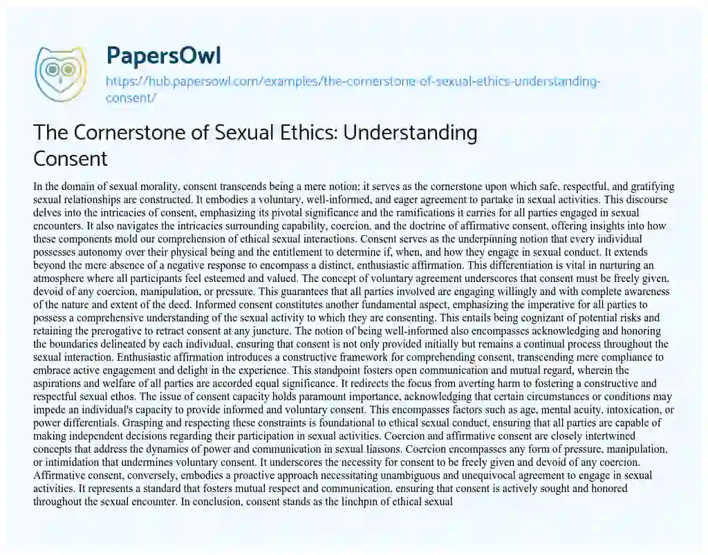 Essay on The Cornerstone of Sexual Ethics: Understanding Consent