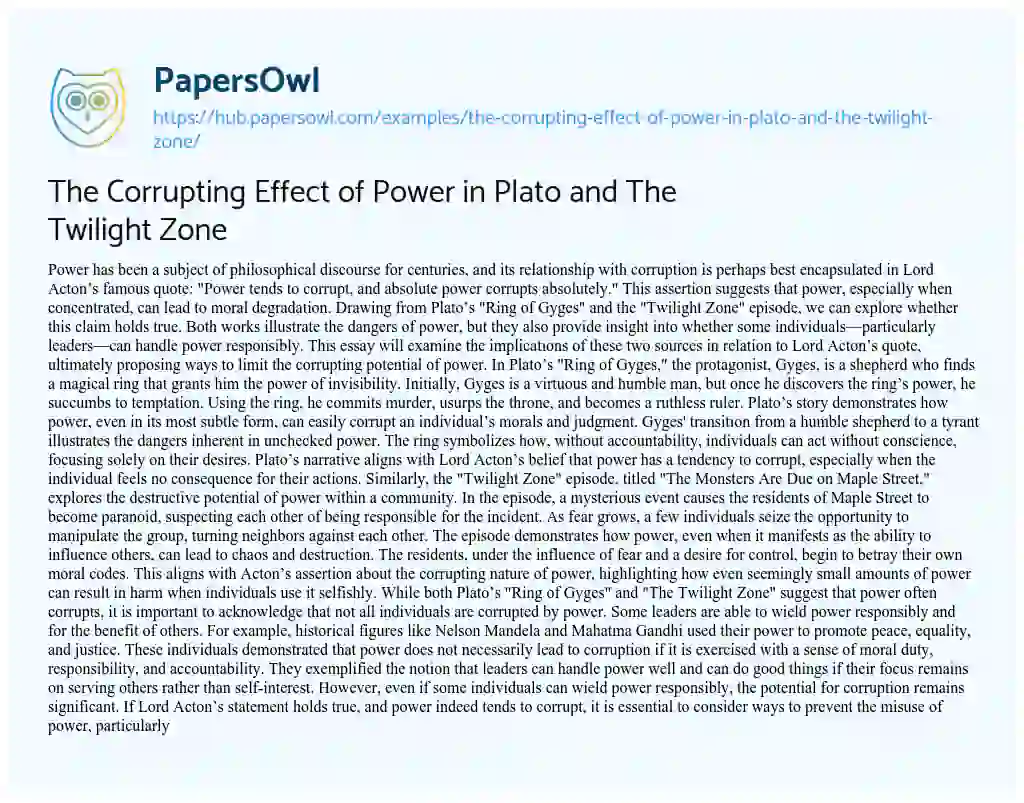 Essay on The Corrupting Effect of Power in Plato and The Twilight Zone