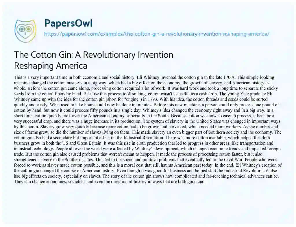 Essay on The Cotton Gin: A Revolutionary Invention Reshaping America