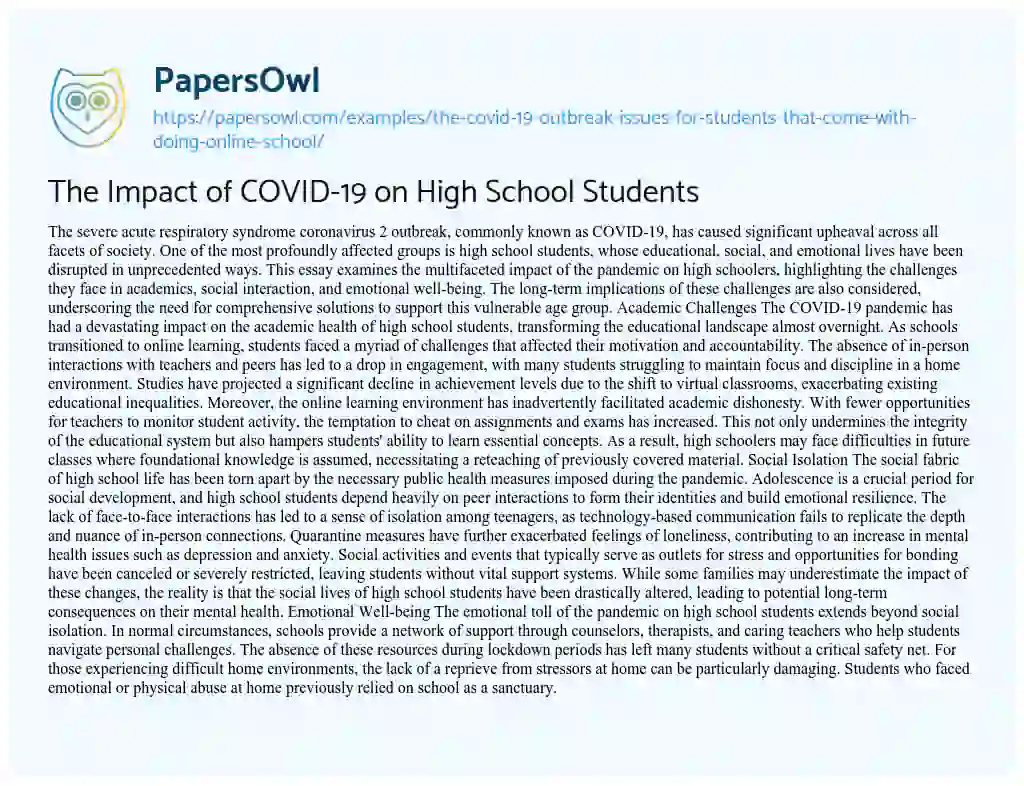 Essay on The Impact of COVID-19 on High School Students
