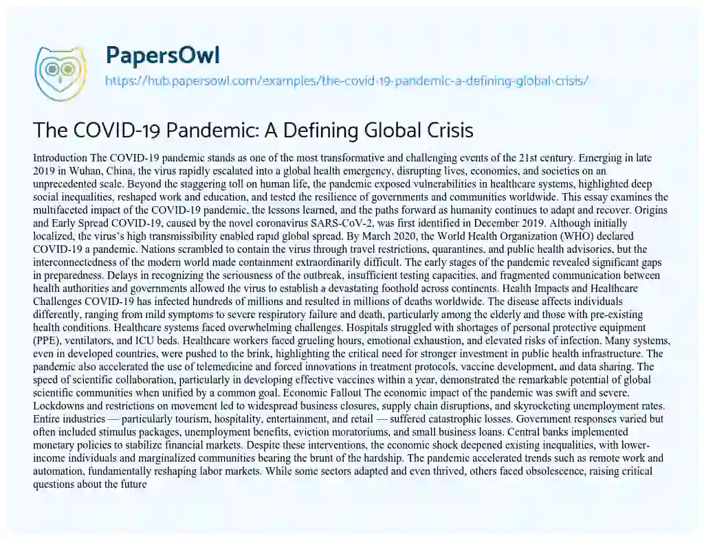 Essay on The COVID-19 Pandemic: A Defining Global Crisis