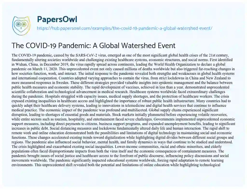 Essay on The COVID-19 Pandemic: A Global Watershed Event