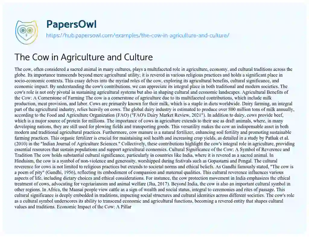 Essay on The Cow in Agriculture and Culture
