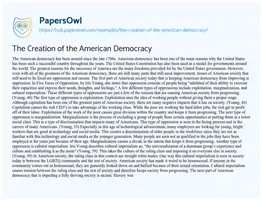 Essay on The Creation of the American Democracy