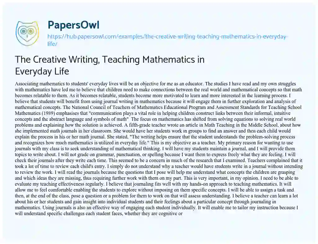 Essay on The Creative Writing, Teaching Mathematics in Everyday Life