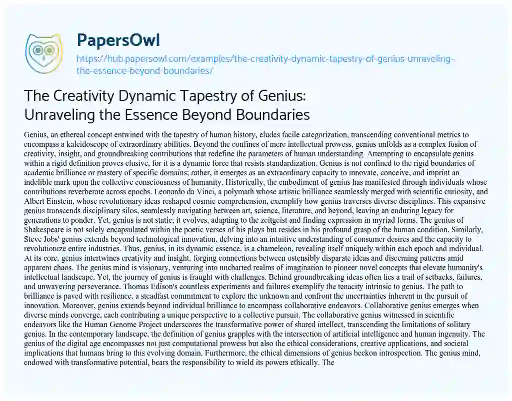 Essay on The Creativity Dynamic Tapestry of Genius: Unraveling the Essence Beyond Boundaries