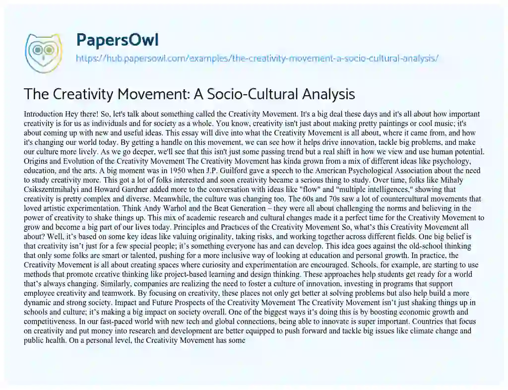 Essay on The Creativity Movement: A Socio-Cultural Analysis