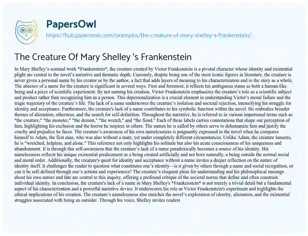 Essay on The Creature Of Mary Shelley ‘s Frankenstein