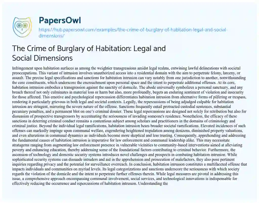 Essay on The Crime of Burglary of Habitation: Legal and Social Dimensions