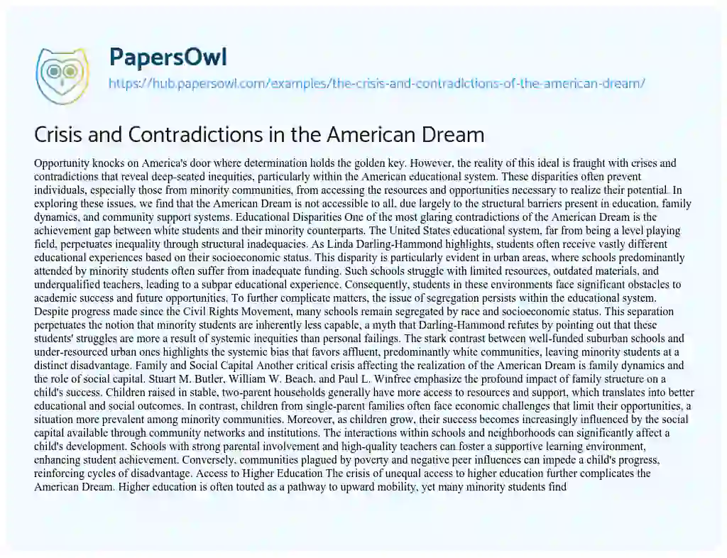 Essay on Crisis and Contradictions in the American Dream