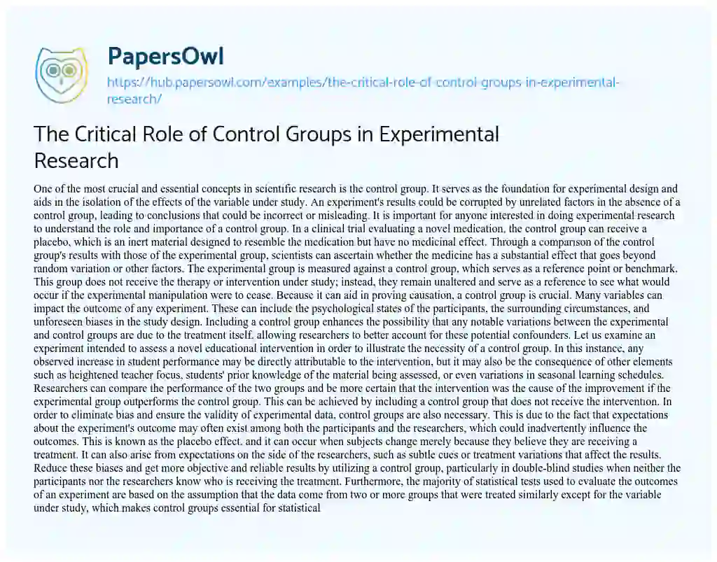 Essay on The Critical Role of Control Groups in Experimental Research