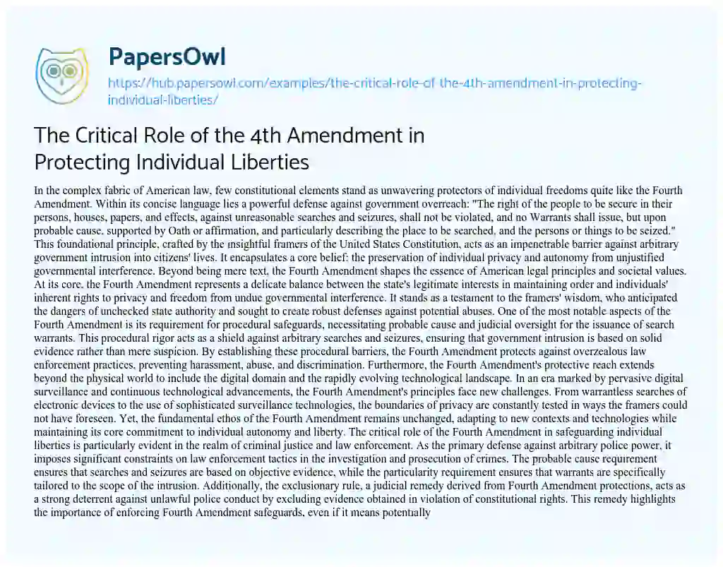 Essay on The Critical Role of the 4th Amendment in Protecting Individual Liberties