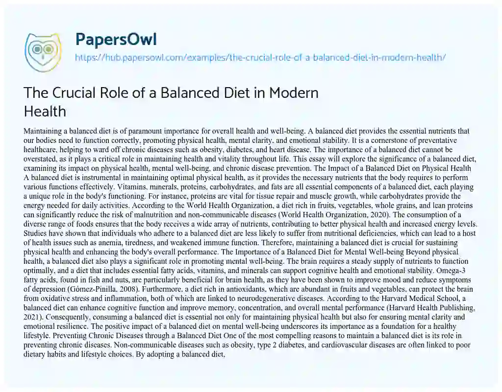 Essay on The Crucial Role of a Balanced Diet in Modern Health