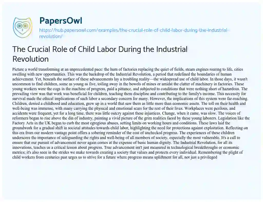 Essay on The Crucial Role of Child Labor During the Industrial Revolution