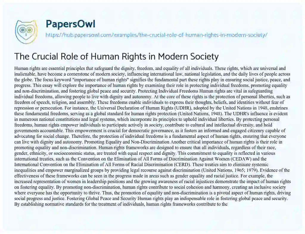 Essay on The Crucial Role of Human Rights in Modern Society