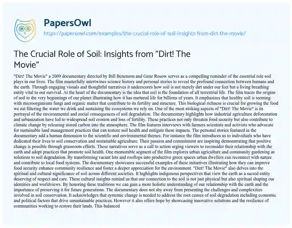 Essay on The Crucial Role of Soil: Insights from “Dirt! The Movie”