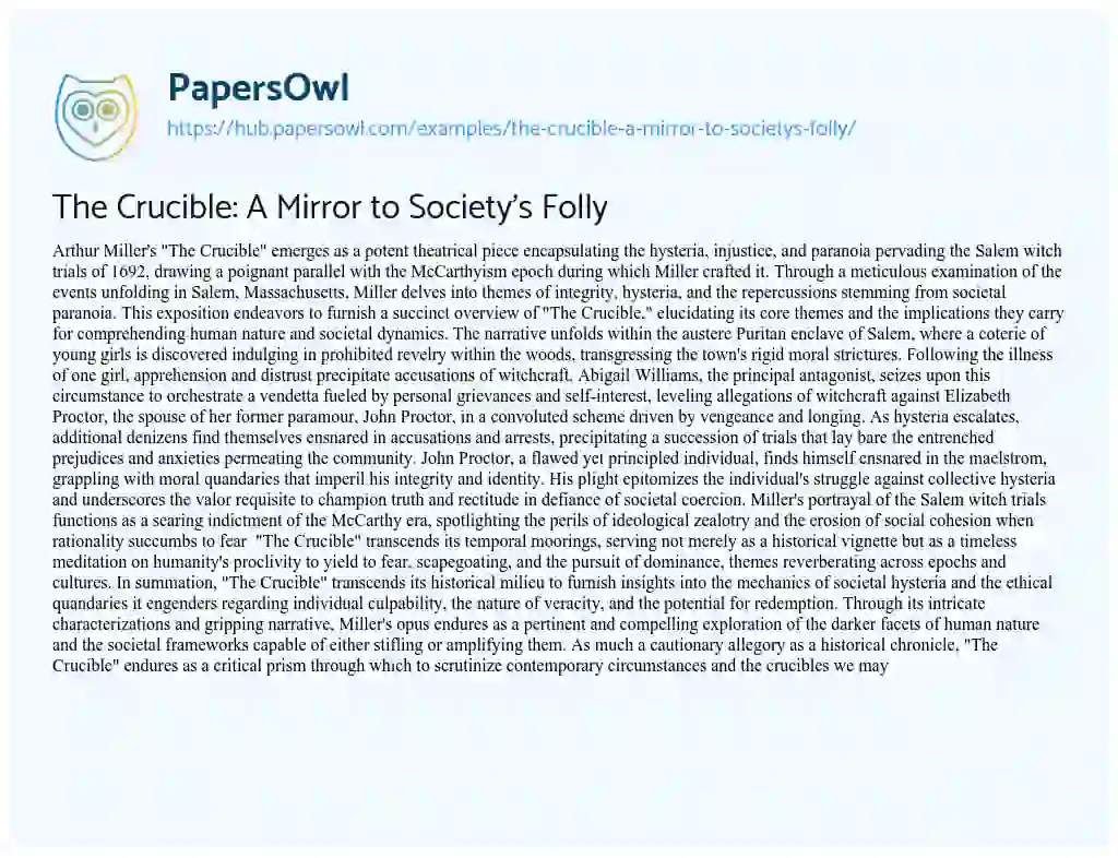 Essay on The Crucible: A Mirror to Society’s Folly