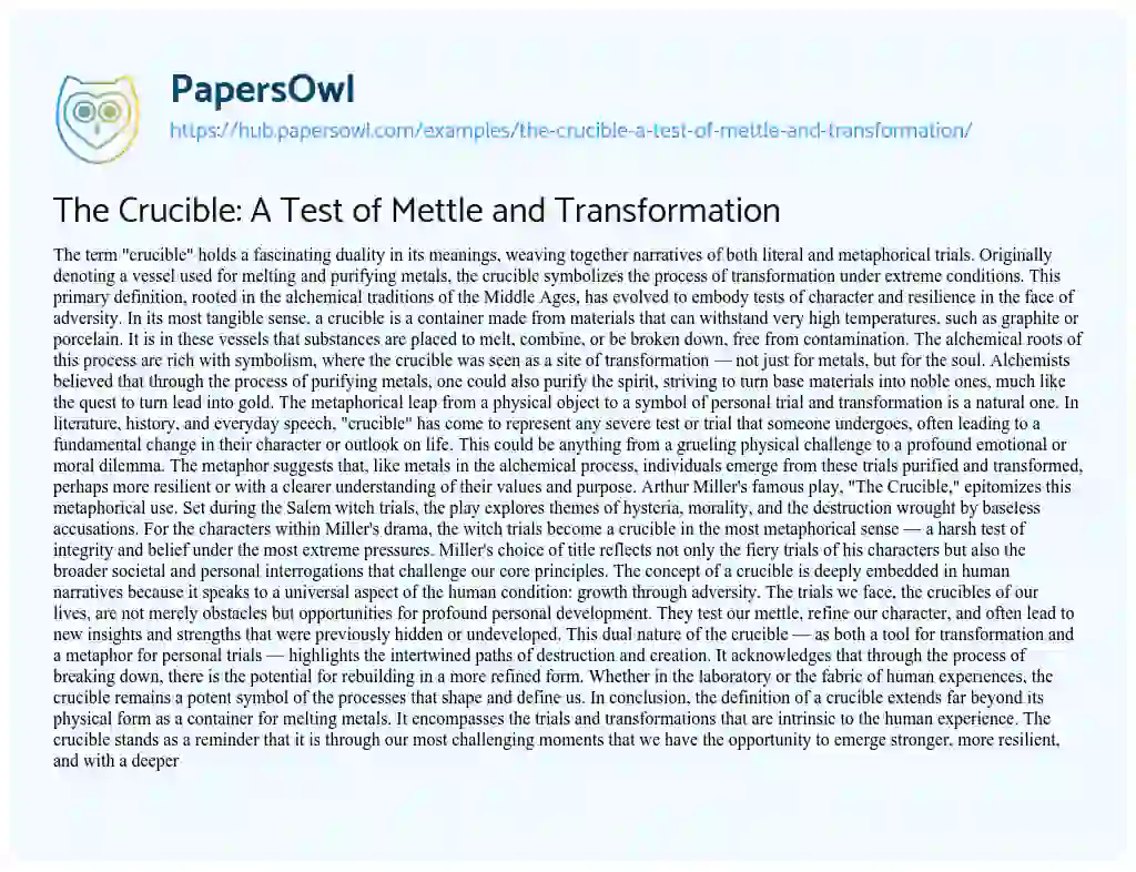 Essay on The Crucible: A Test of Mettle and Transformation