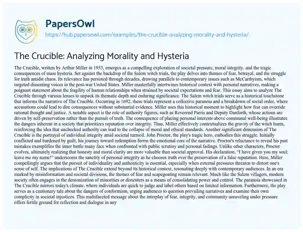 Essay on The Crucible: Analyzing Morality and Hysteria