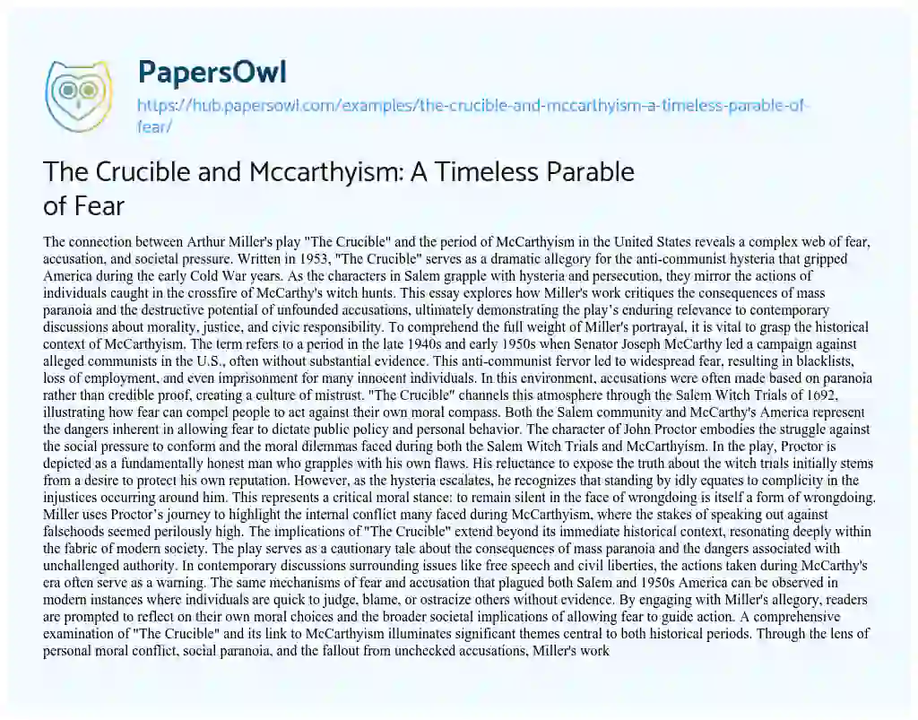 Essay on The Crucible and Mccarthyism: A Timeless Parable of Fear