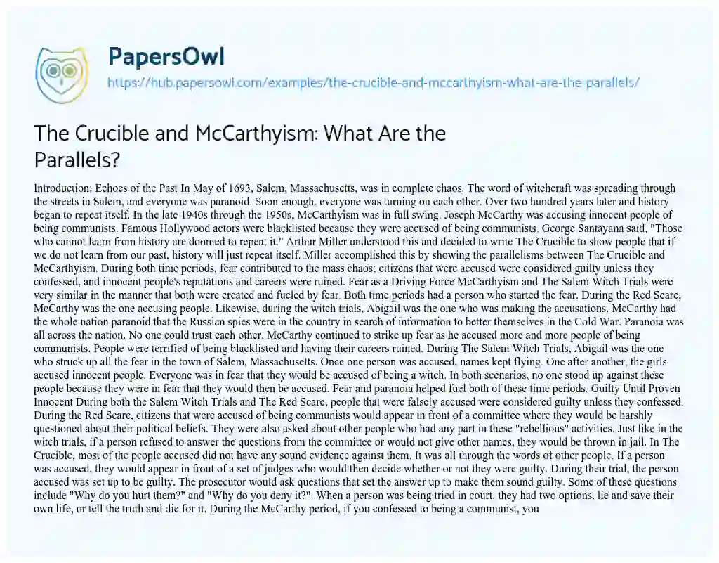 Essay on The Crucible and McCarthyism: What Are the Parallels?