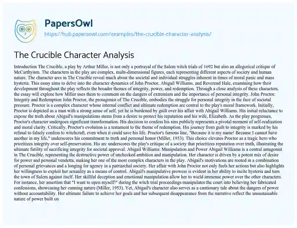 Essay on The Crucible Character Analysis