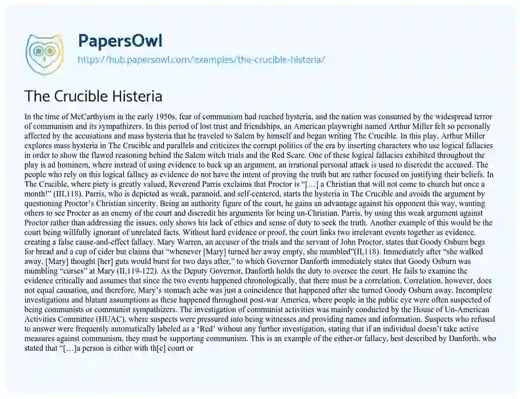 Essay on The Crucible Histeria