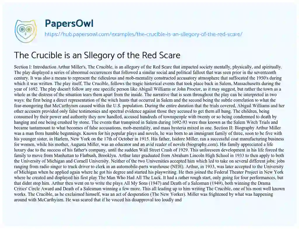 Essay on The Crucible is an Sllegory of the Red Scare