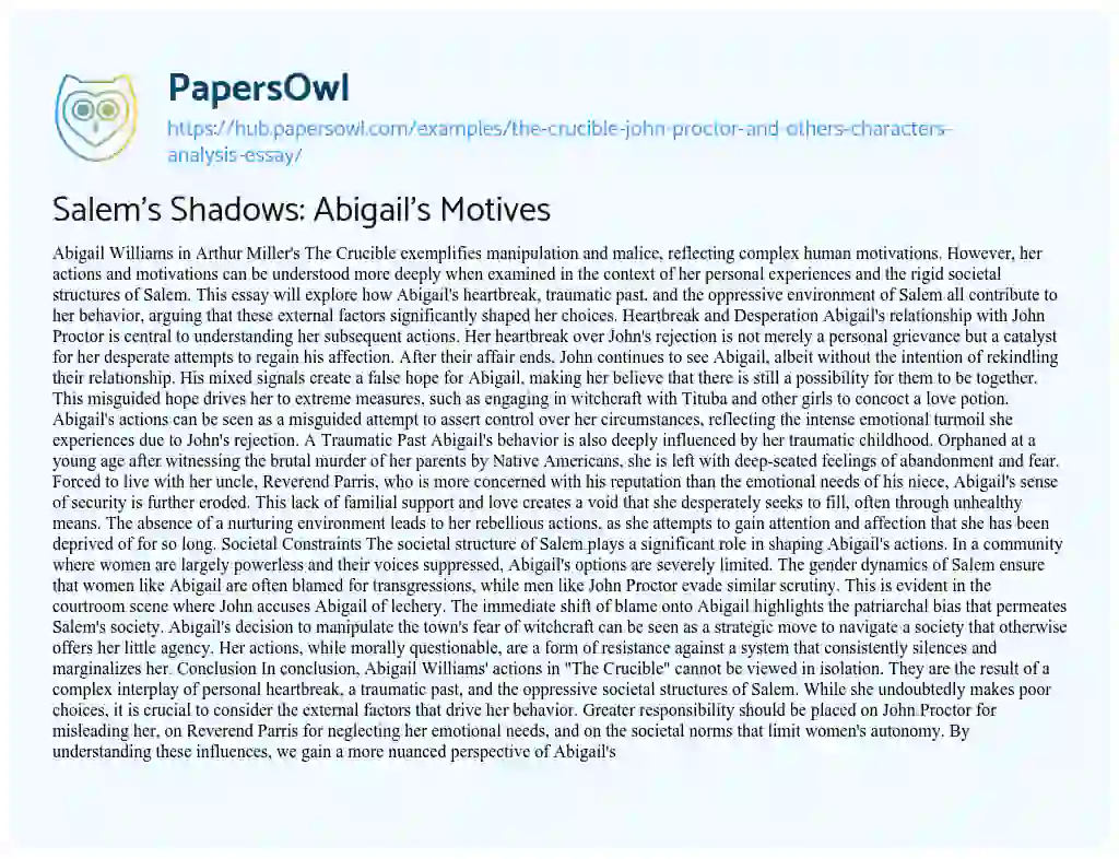 Essay on Salem’s Shadows: Abigail’s Motives