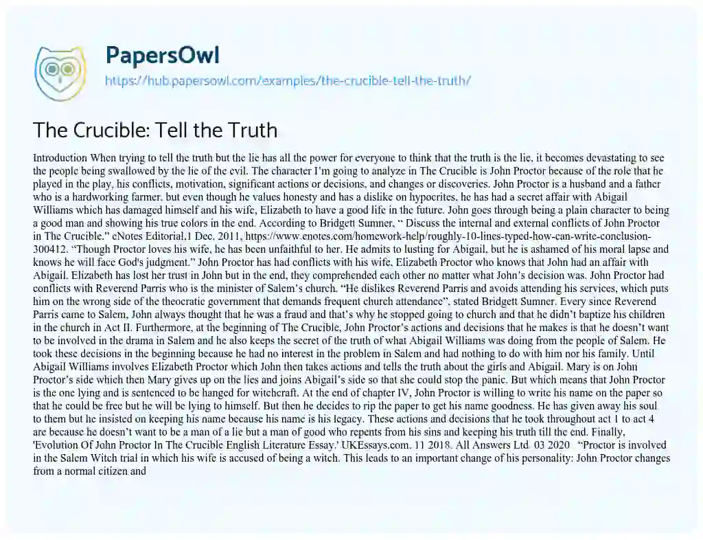 Essay on The Crucible: Tell the Truth