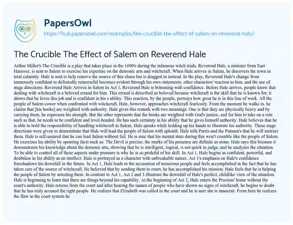 Essay on The Crucible The Effect of Salem on Reverend Hale
