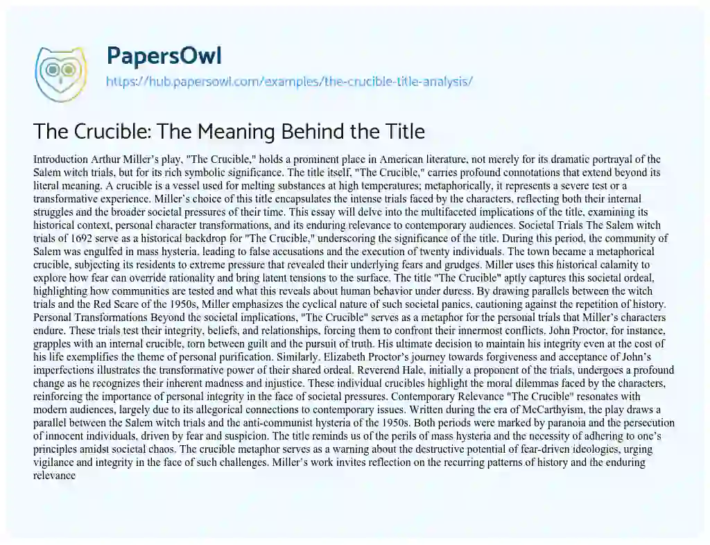 Essay on The Crucible: The Meaning Behind the Title