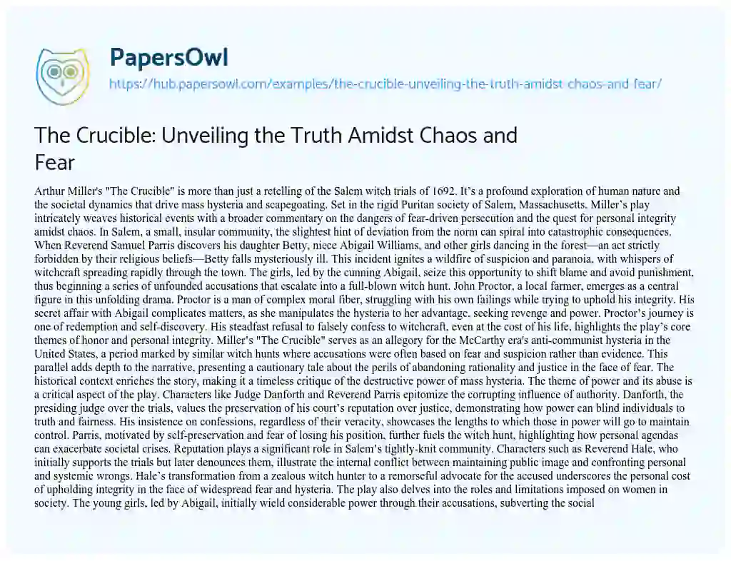 Essay on The Crucible: Unveiling the Truth Amidst Chaos and Fear