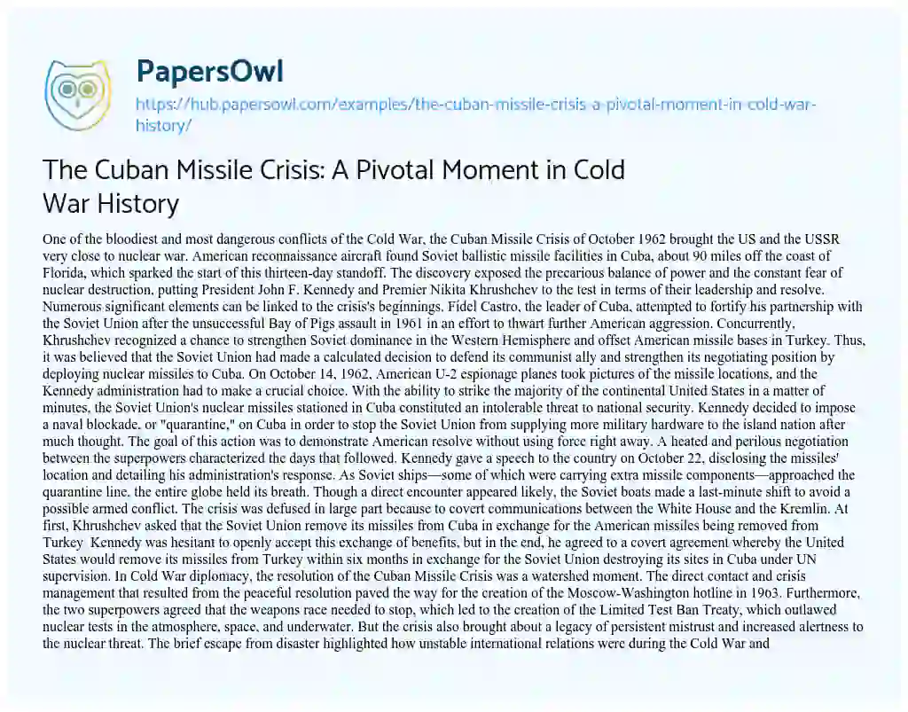 Essay on The Cuban Missile Crisis: A Pivotal Moment in Cold War History